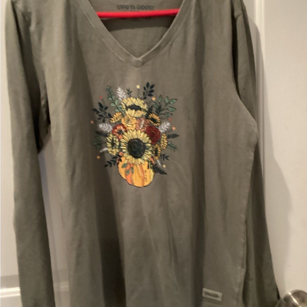 Olive Green Long-Sleeve V-Neck Top with Sunflower Pumpkin Graphic